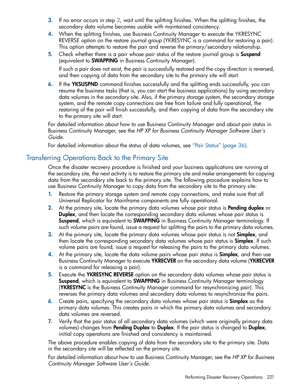 Transferring operations back to the primary site | HP StorageWorks XP Remote Web Console Software User Manual | Page 221 / 244