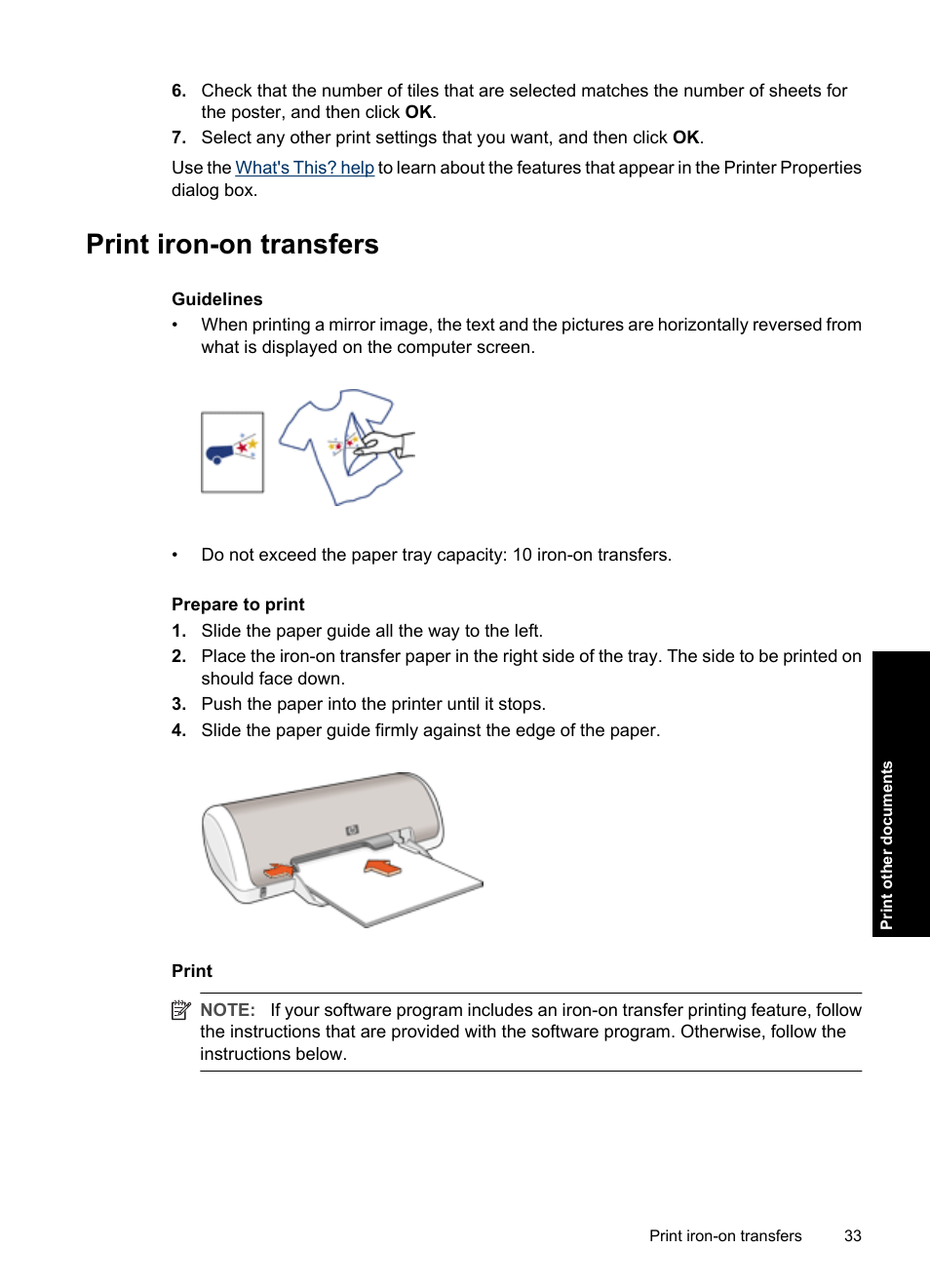 Print iron-on transfers, Iron-on transfers | HP Deskjet D1550 Printer User Manual | Page 36 / 113