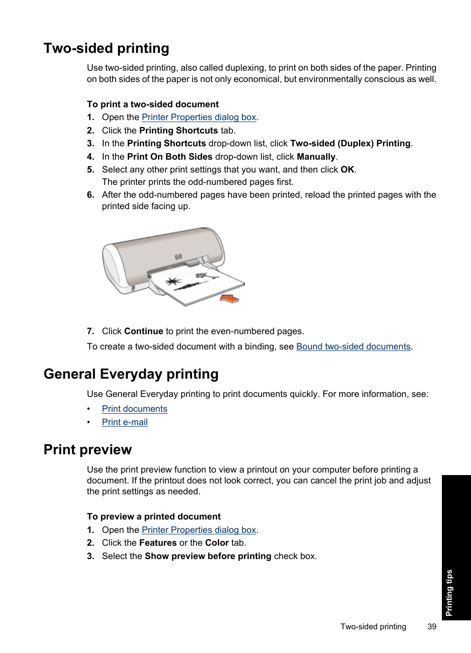 Two-sided printing, General everyday printing, Print preview | Two-sided document, Preview | HP Deskjet D1550 Printer User Manual | Page 42 / 113