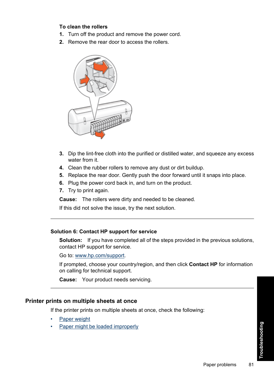 Printer prints on multiple sheets at once, Solution 6: contact hp support for service | HP Deskjet D1550 Printer User Manual | Page 84 / 113