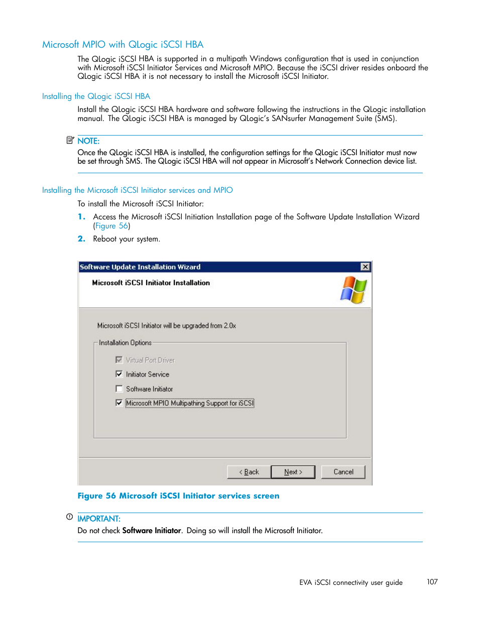 Microsoft mpio with qlogic iscsi hba, 56 microsoft iscsi initiator services screen | HP EVA Array iSCSI Connectivity Option User Manual | Page 107 / 229