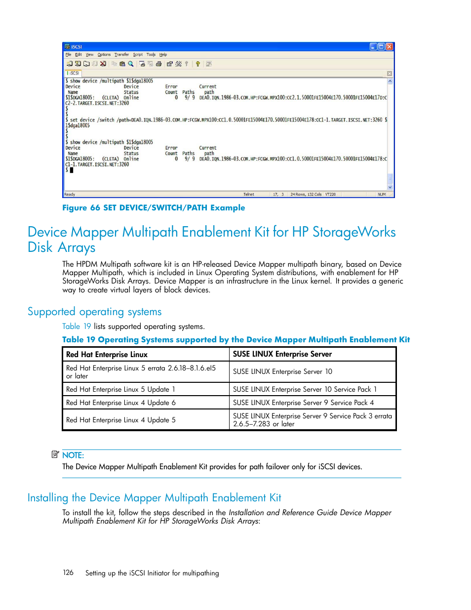 Supported operating systems, 66 set device/switch/path example | HP EVA Array iSCSI Connectivity Option User Manual | Page 126 / 229