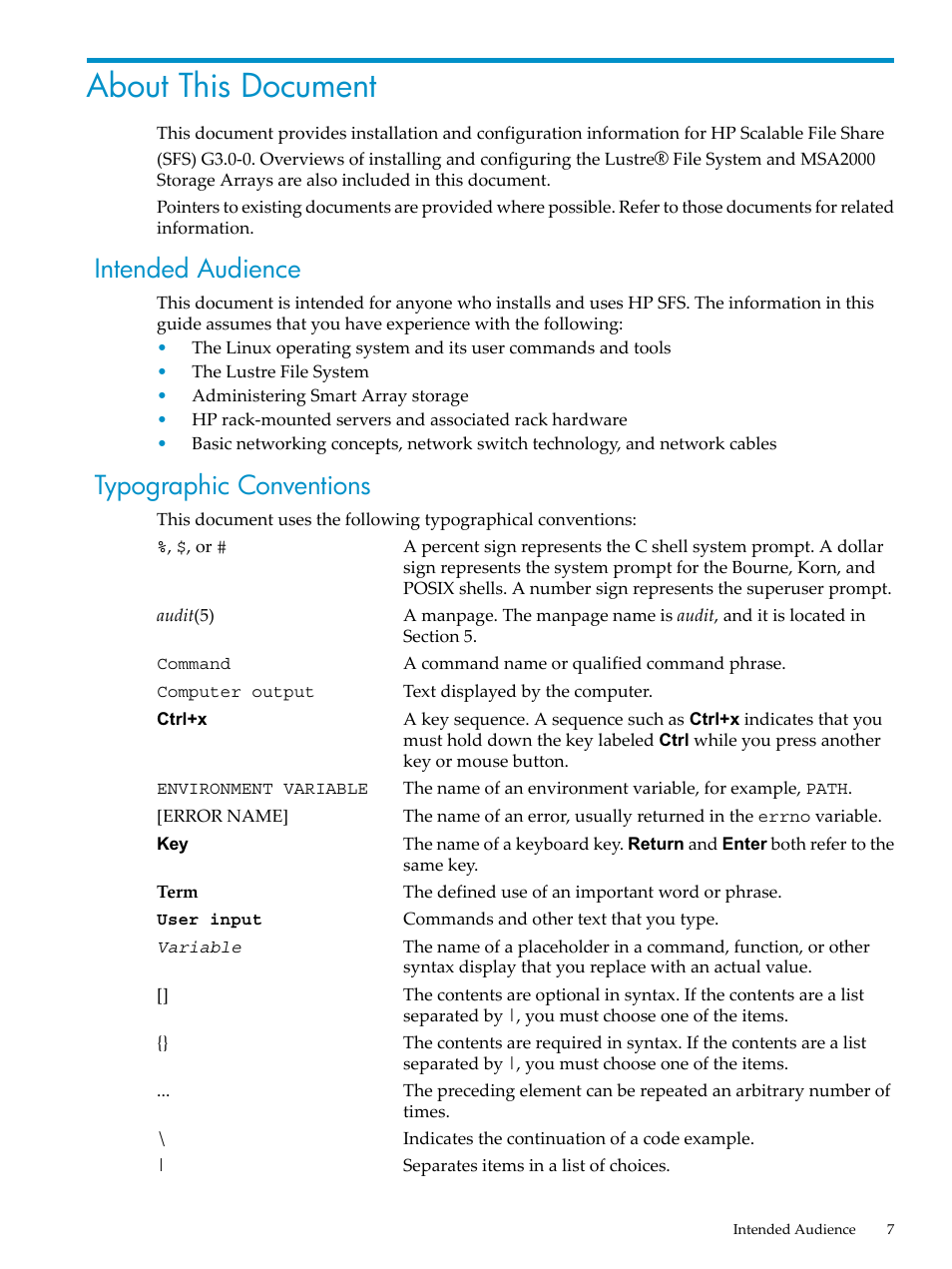 About this document, Intended audience, Typographic conventions | Intended audience typographic conventions | HP StorageWorks Scalable File Share User Manual | Page 7 / 58