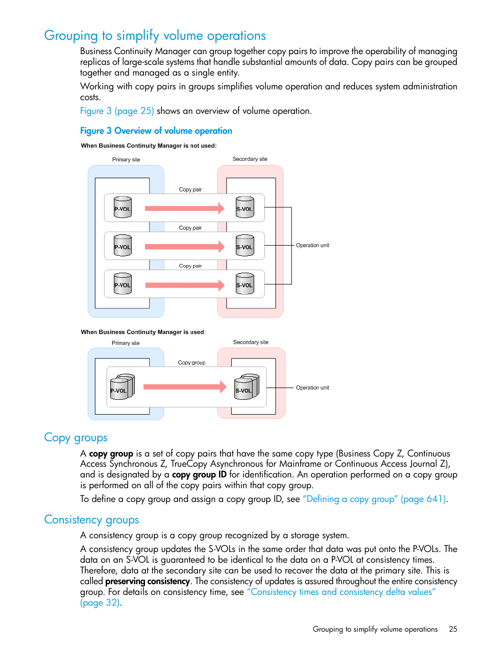 Grouping to simplify volume operations, Copy groups, Consistency groups | Copy groups consistency groups | HP XP Racks User Manual | Page 25 / 764