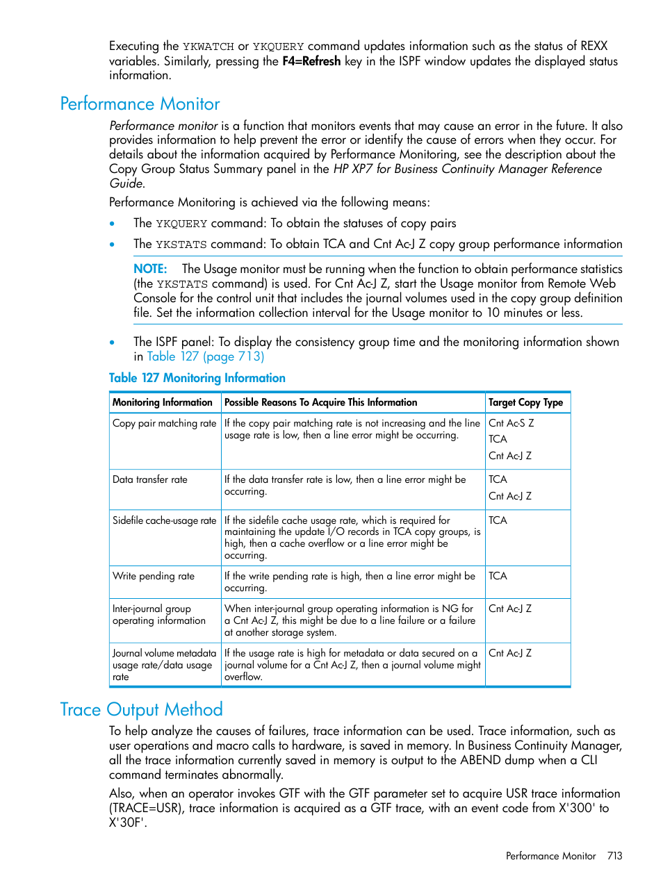 Performance monitor, Trace output method, Performance monitor trace output method | HP XP Racks User Manual | Page 713 / 764
