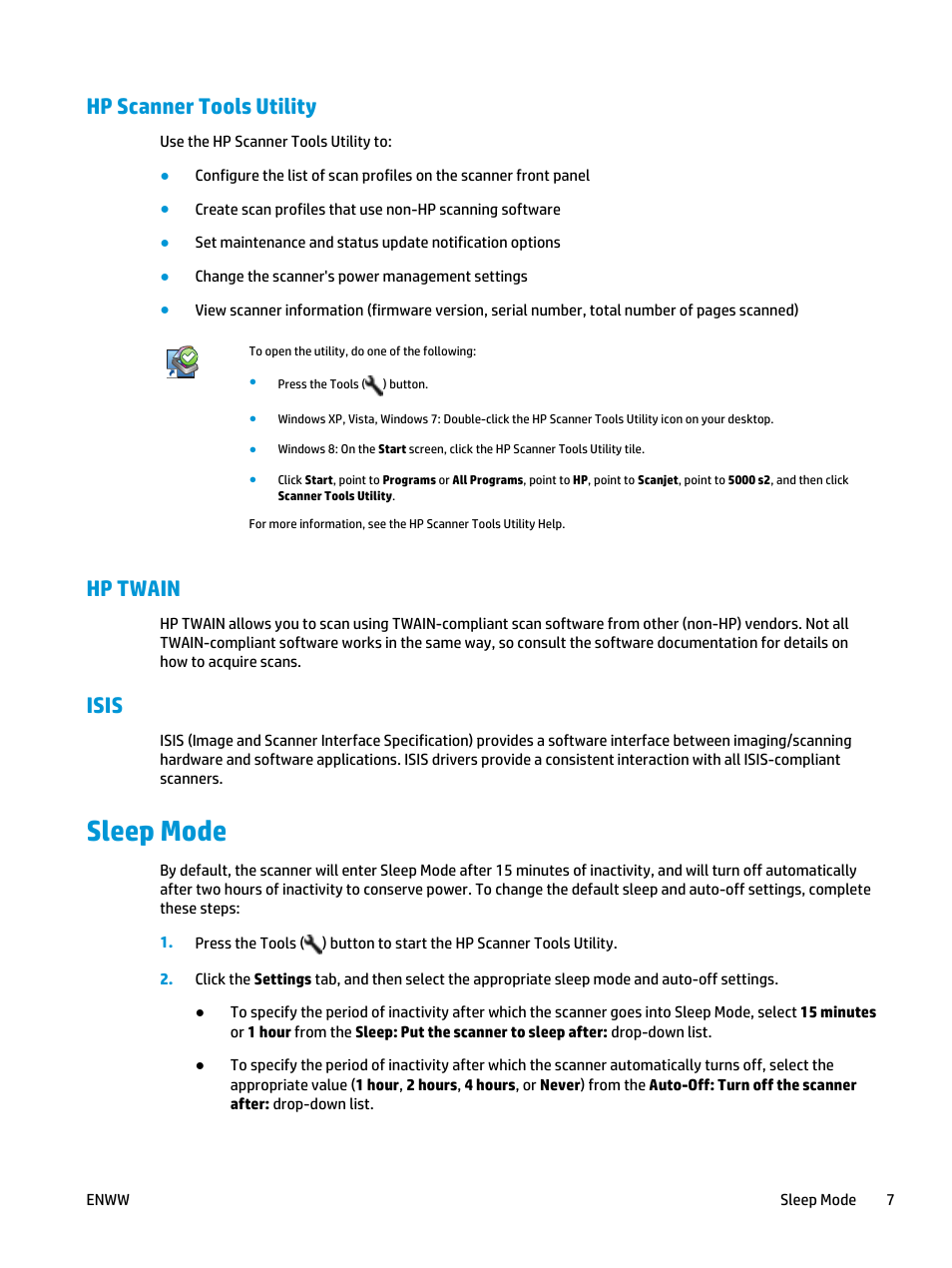 Hp scanner tools utility, Hp twain, Isis | Sleep mode, Hp scanner tools utility hp twain isis | HP Scanjet Enterprise Flow 5000 s2 Sheet-feed Scanner User Manual | Page 13 / 70