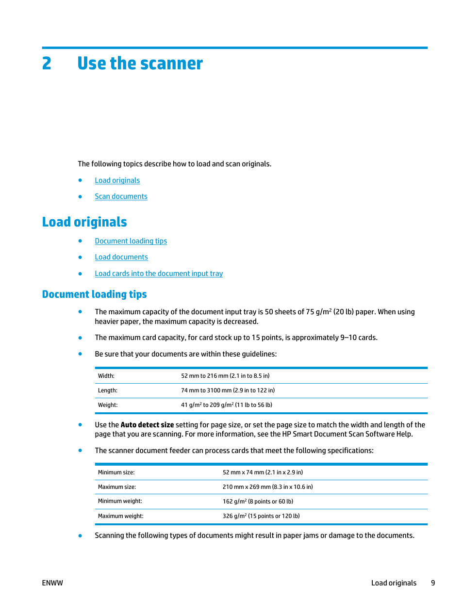 Use the scanner, Load originals, Document loading tips | 2 use the scanner, 2use the scanner | HP Scanjet Enterprise Flow 5000 s2 Sheet-feed Scanner User Manual | Page 15 / 70