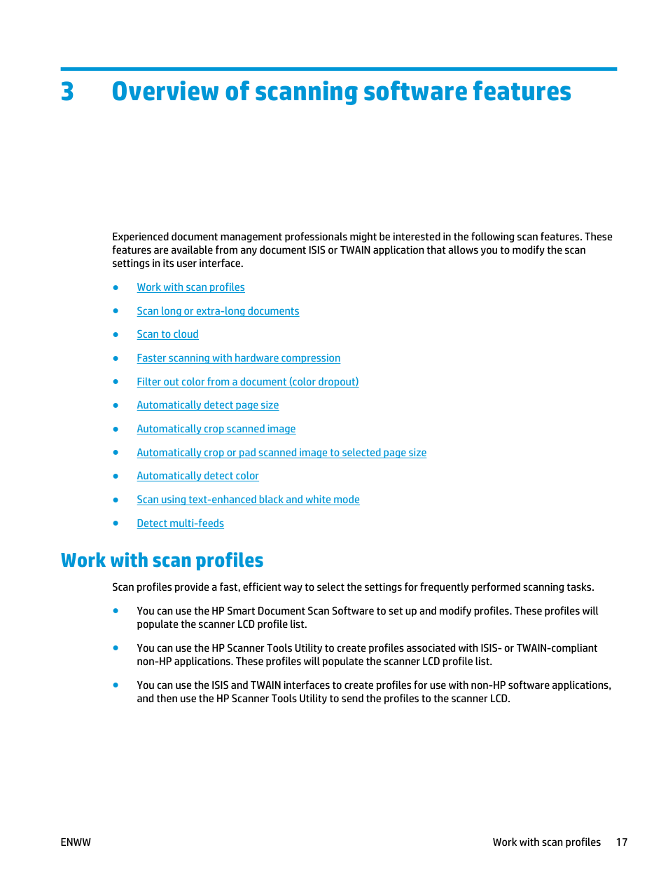 Overview of scanning software features, Work with scan profiles, 3 overview of scanning software features | 3overview of scanning software features | HP Scanjet Enterprise Flow 5000 s2 Sheet-feed Scanner User Manual | Page 23 / 70