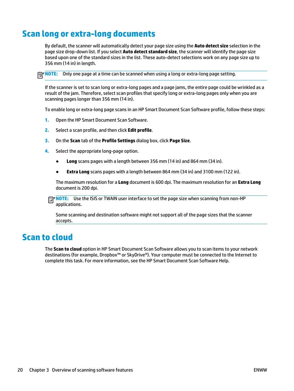 Scan long or extra-long documents, Scan to cloud, Scan long or extra-long documents scan to cloud | HP Scanjet Enterprise Flow 5000 s2 Sheet-feed Scanner User Manual | Page 26 / 70