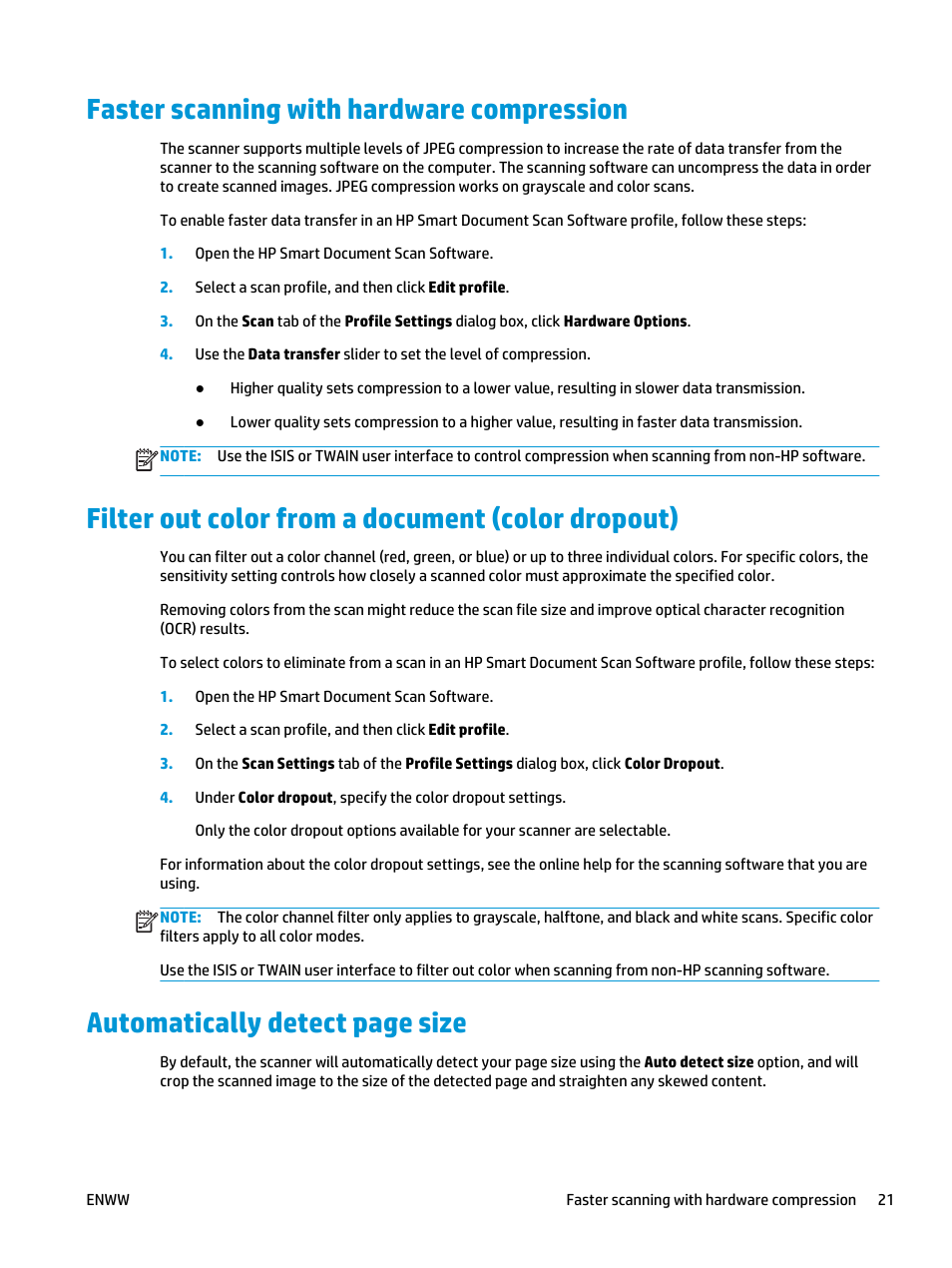 Faster scanning with hardware compression, Filter out color from a document (color dropout), Automatically detect page size | HP Scanjet Enterprise Flow 5000 s2 Sheet-feed Scanner User Manual | Page 27 / 70