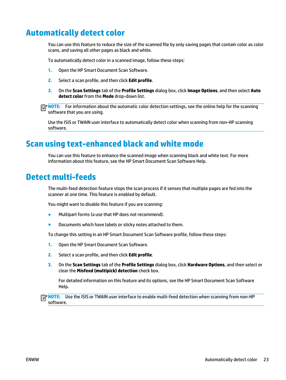 Automatically detect color, Scan using text-enhanced black and white mode, Detect multi-feeds | HP Scanjet Enterprise Flow 5000 s2 Sheet-feed Scanner User Manual | Page 29 / 70