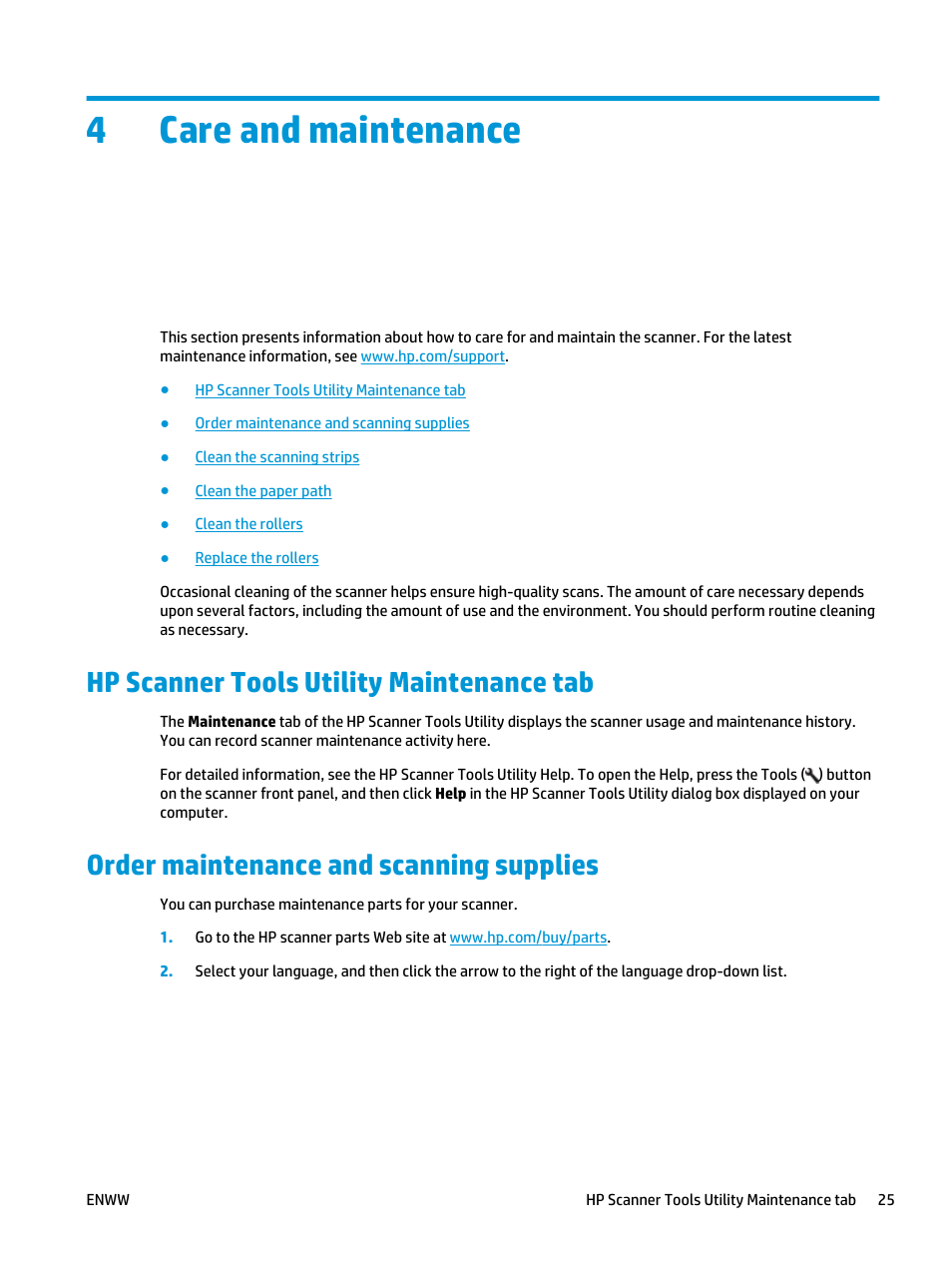 Care and maintenance, Hp scanner tools utility maintenance tab, Order maintenance and scanning supplies | 4 care and maintenance, 4care and maintenance | HP Scanjet Enterprise Flow 5000 s2 Sheet-feed Scanner User Manual | Page 31 / 70