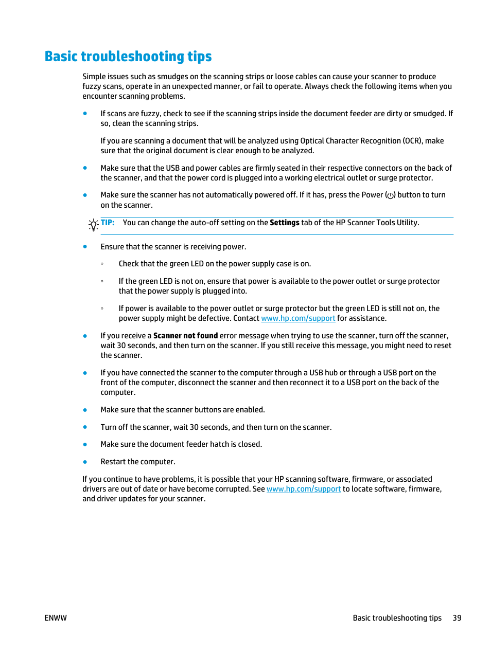 Basic troubleshooting tips | HP Scanjet Enterprise Flow 5000 s2 Sheet-feed Scanner User Manual | Page 45 / 70