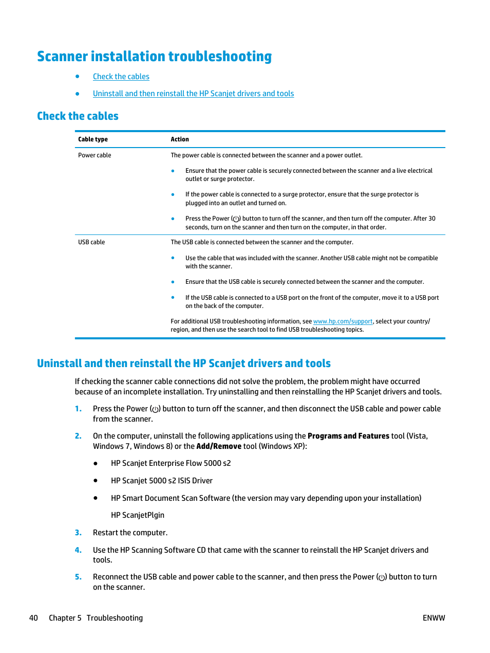 Scanner installation troubleshooting, Check the cables | HP Scanjet Enterprise Flow 5000 s2 Sheet-feed Scanner User Manual | Page 46 / 70