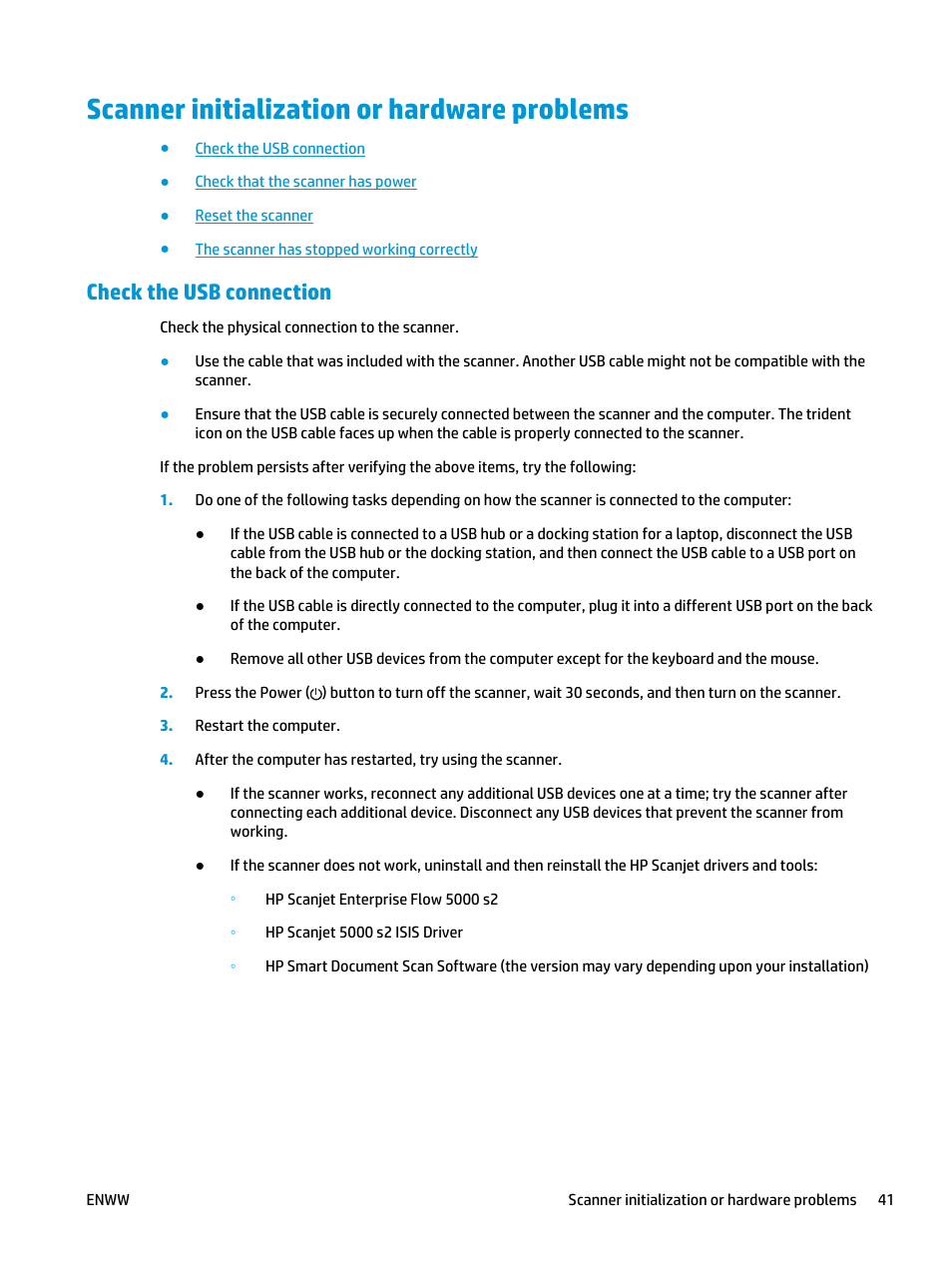Scanner initialization or hardware problems, Check the usb connection | HP Scanjet Enterprise Flow 5000 s2 Sheet-feed Scanner User Manual | Page 47 / 70