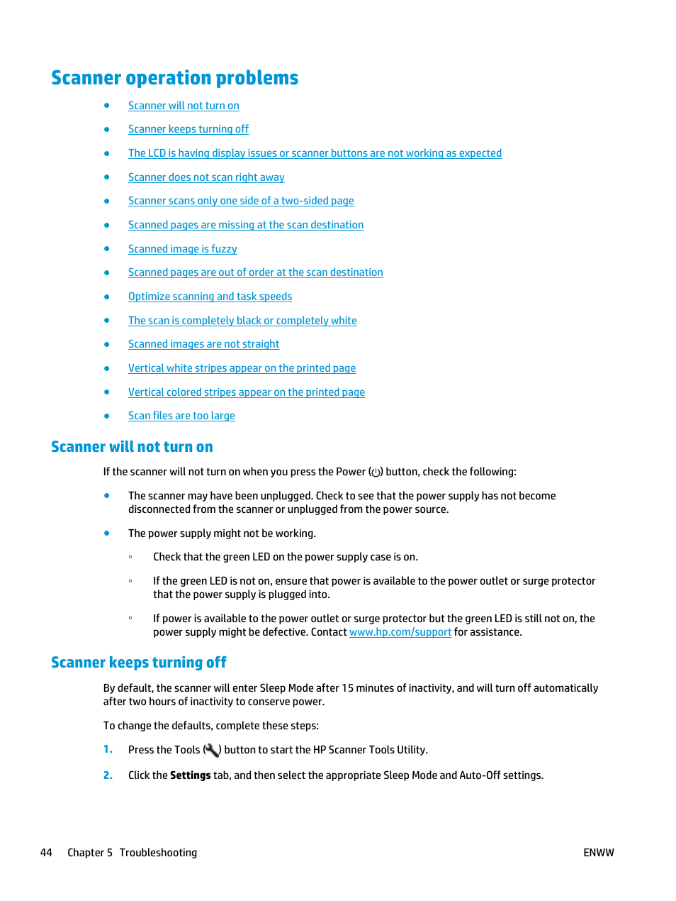 Scanner operation problems, Scanner will not turn on, Scanner keeps turning off | Scanner will not turn on scanner keeps turning off | HP Scanjet Enterprise Flow 5000 s2 Sheet-feed Scanner User Manual | Page 50 / 70