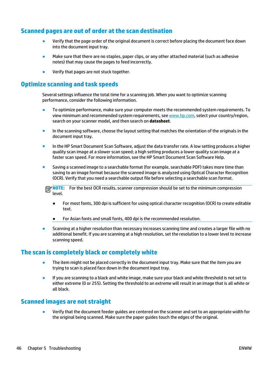 Optimize scanning and task speeds, The scan is completely black or completely white, Scanned images are not straight | HP Scanjet Enterprise Flow 5000 s2 Sheet-feed Scanner User Manual | Page 52 / 70