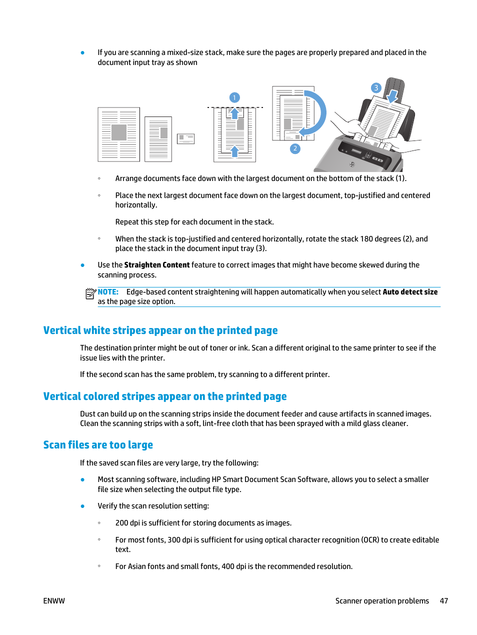 Scan files are too large, Vertical white stripes appear on the printed page | HP Scanjet Enterprise Flow 5000 s2 Sheet-feed Scanner User Manual | Page 53 / 70