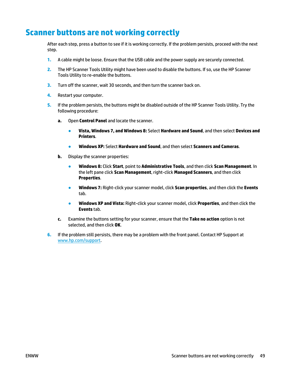 Scanner buttons are not working correctly | HP Scanjet Enterprise Flow 5000 s2 Sheet-feed Scanner User Manual | Page 55 / 70