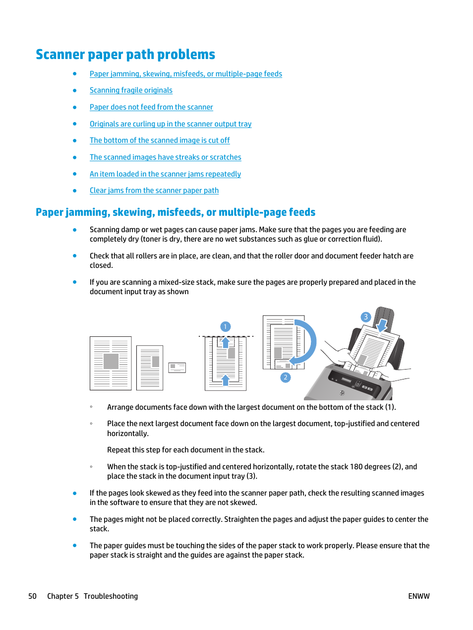 Scanner paper path problems | HP Scanjet Enterprise Flow 5000 s2 Sheet-feed Scanner User Manual | Page 56 / 70