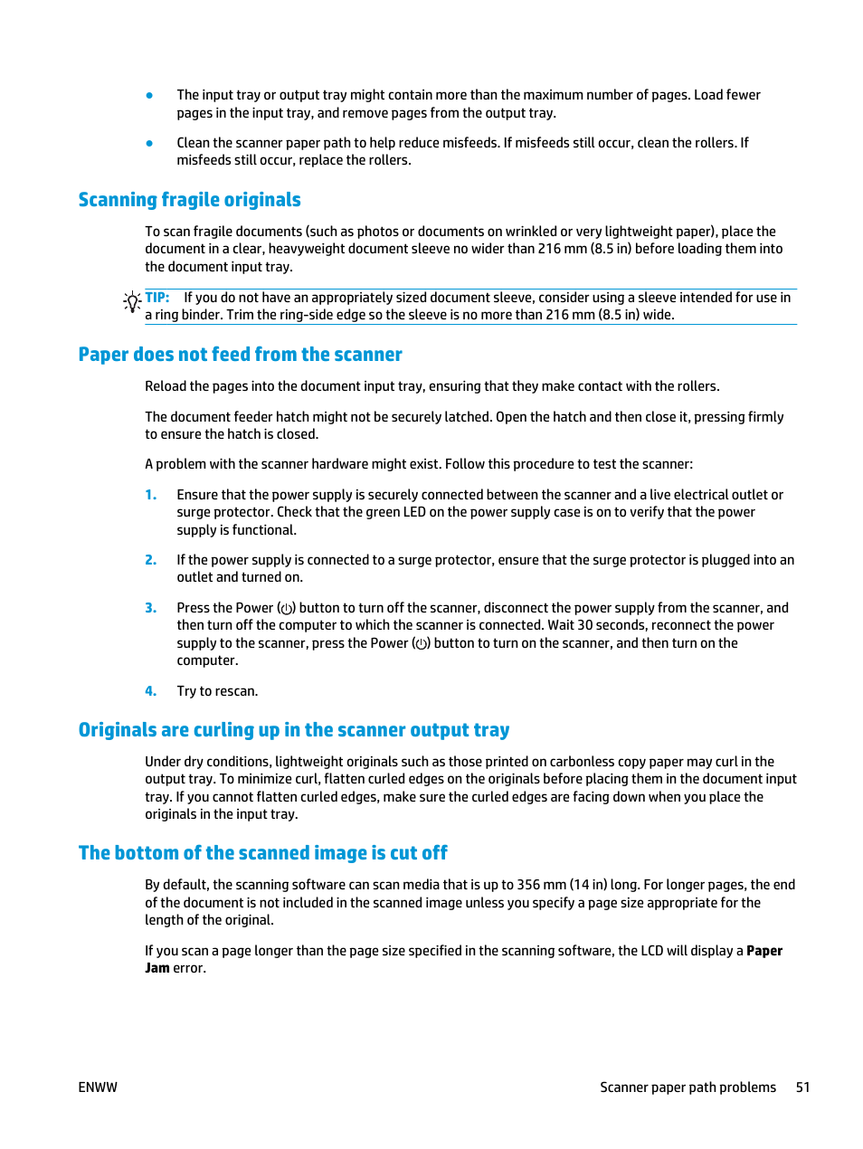 Scanning fragile originals, Paper does not feed from the scanner, The bottom of the scanned image is cut off | HP Scanjet Enterprise Flow 5000 s2 Sheet-feed Scanner User Manual | Page 57 / 70