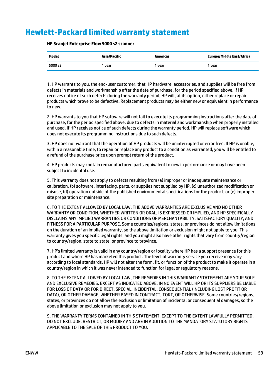 Hewlett-packard limited warranty statement | HP Scanjet Enterprise Flow 5000 s2 Sheet-feed Scanner User Manual | Page 65 / 70
