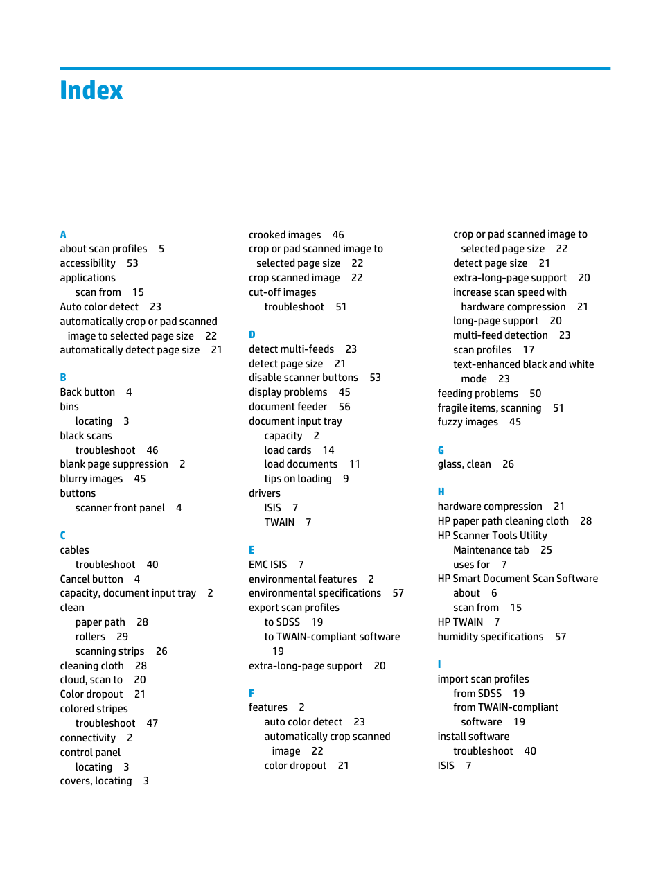 Index | HP Scanjet Enterprise Flow 5000 s2 Sheet-feed Scanner User Manual | Page 67 / 70