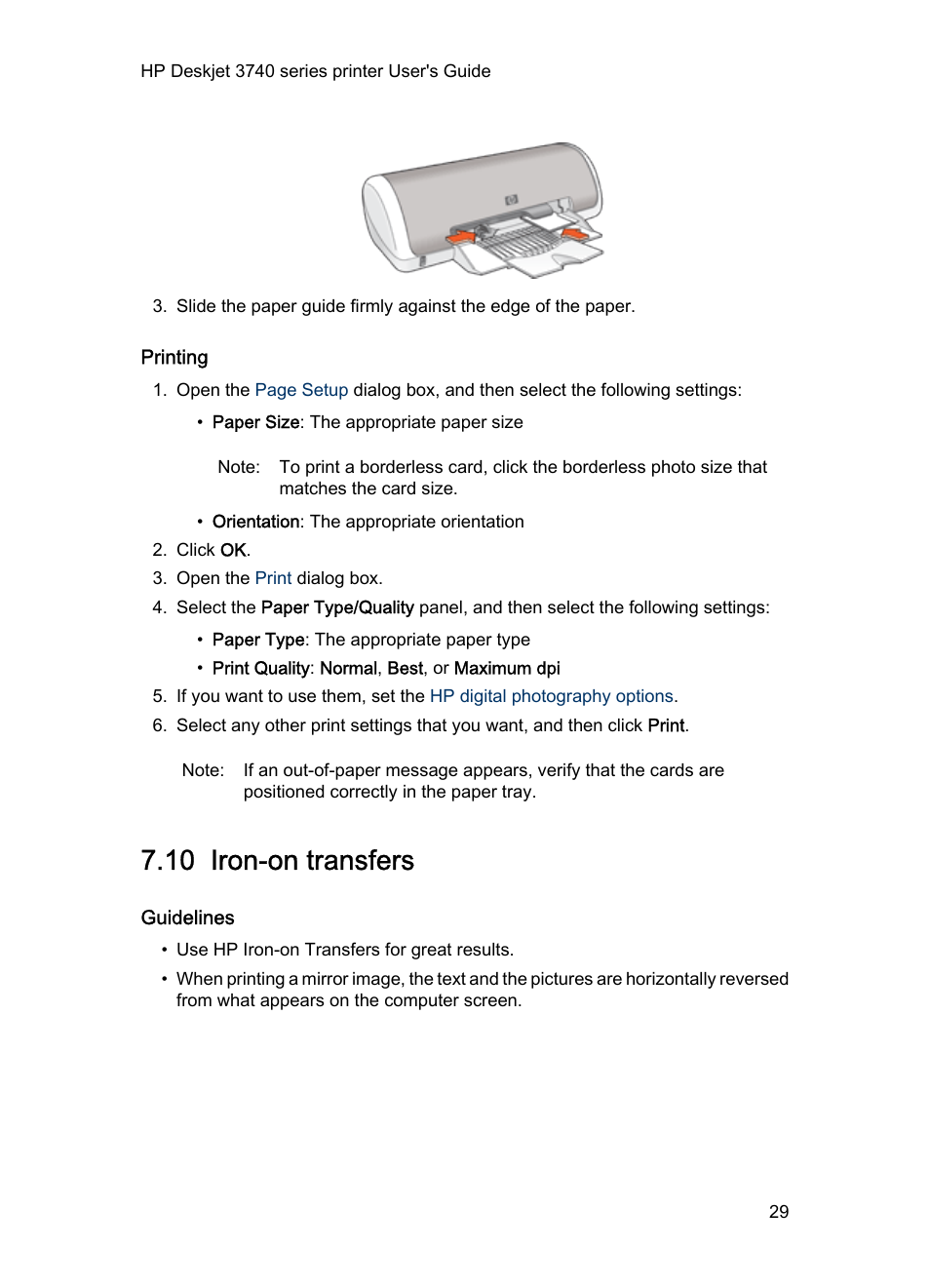 Printing, 10 iron-on transfers, Guidelines | Iron-on transfers | HP Deskjet 3745 Color Inkjet Printer User Manual | Page 29 / 75