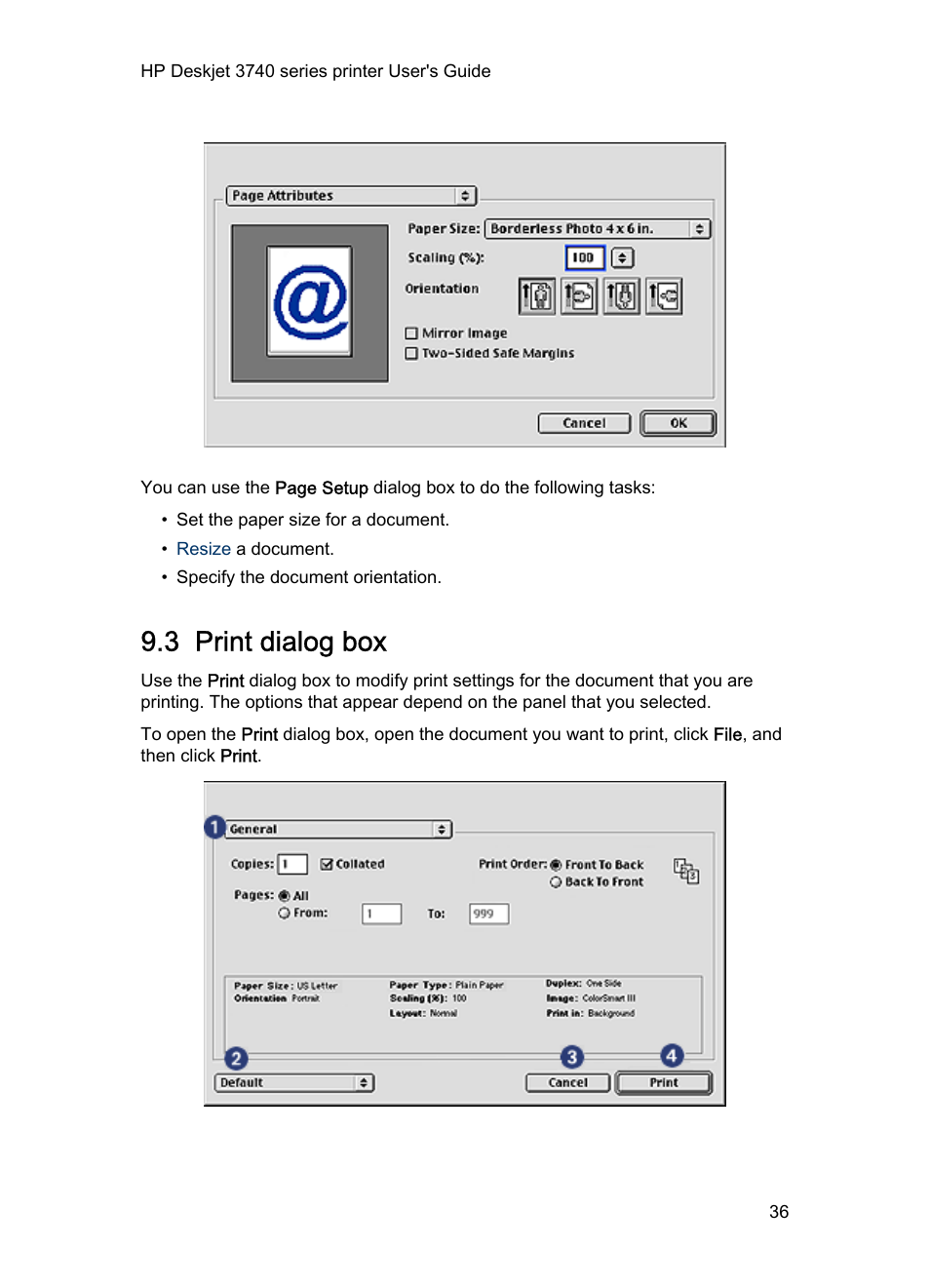 3 print dialog box, Print, Print dialog box | Dialog box | HP Deskjet 3745 Color Inkjet Printer User Manual | Page 36 / 75