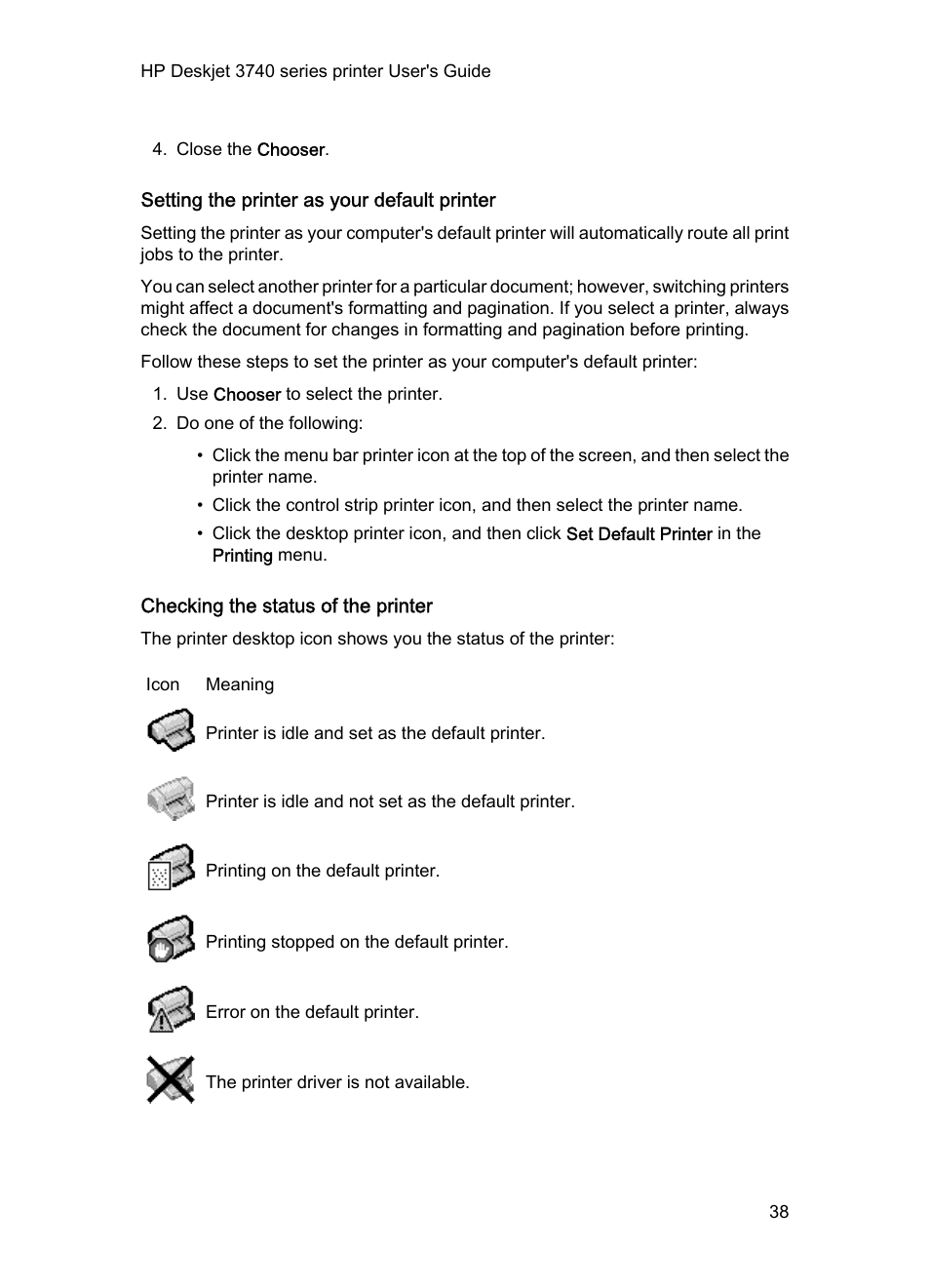 Setting the printer as your default printer, Checking the status of the printer | HP Deskjet 3745 Color Inkjet Printer User Manual | Page 38 / 75
