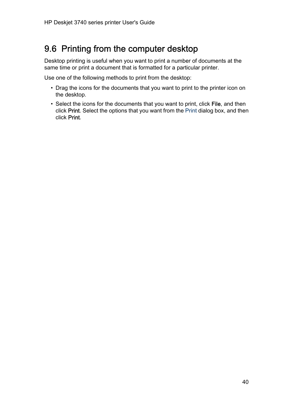 6 printing from the computer desktop, Printing from the computer desktop | HP Deskjet 3745 Color Inkjet Printer User Manual | Page 40 / 75