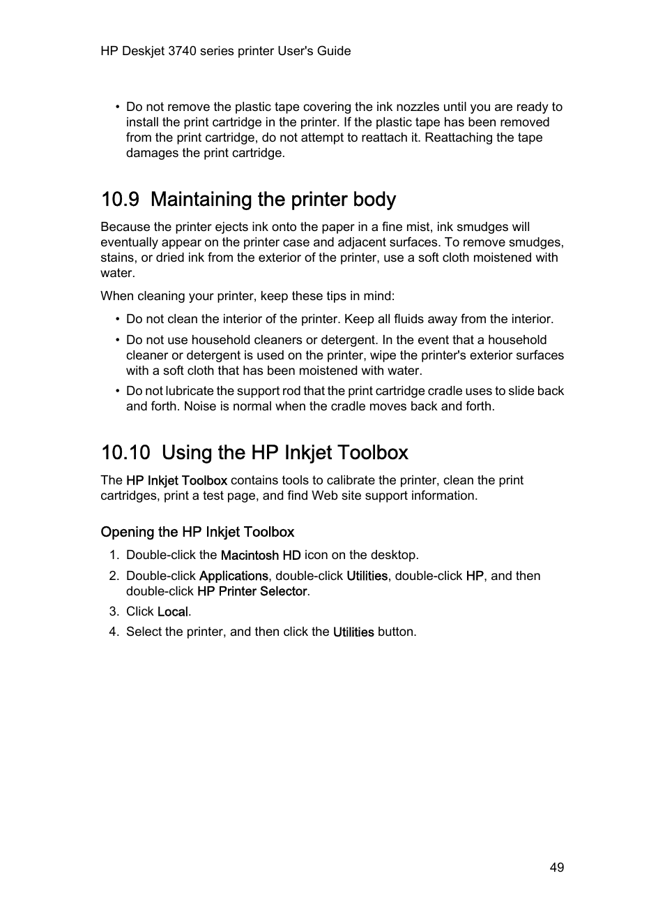 9 maintaining the printer body, 10 using the hp inkjet toolbox, Opening the hp inkjet toolbox | The onscreen, Ink level indicator, Hp inkjet toolbox, And then select the, Maintaining the printer body, Using the hp inkjet toolbox | HP Deskjet 3745 Color Inkjet Printer User Manual | Page 49 / 75
