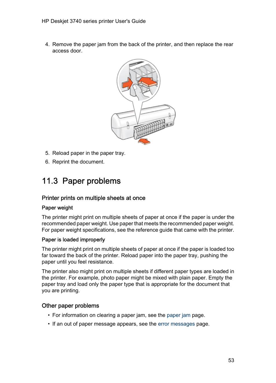 3 paper problems, Printer prints on multiple sheets at once, Paper weight | Paper is loaded improperly, Other paper problems, Paper problems | HP Deskjet 3745 Color Inkjet Printer User Manual | Page 53 / 75