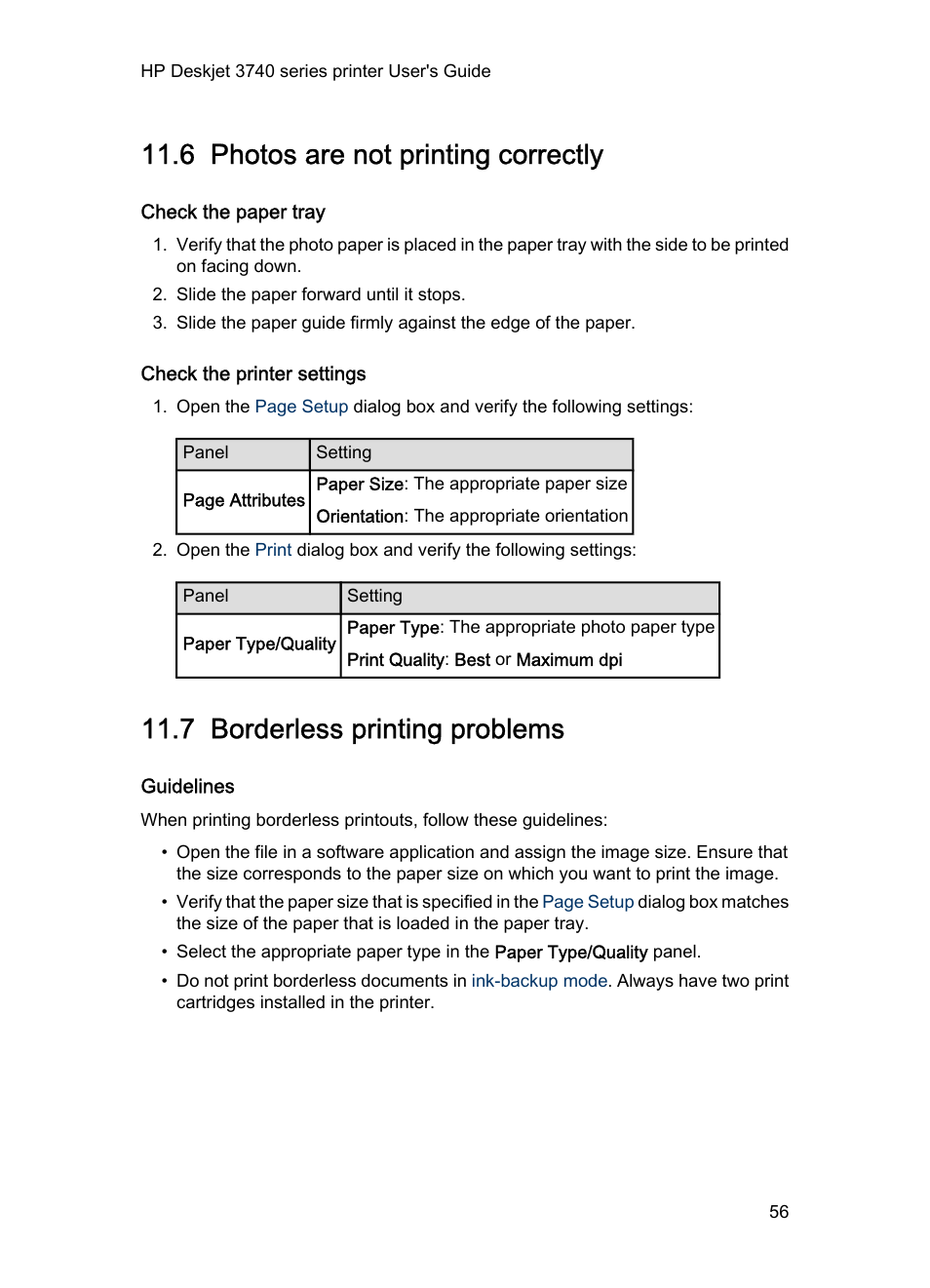 6 photos are not printing correctly, Check the paper tray, Check the printer settings | 7 borderless printing problems, Guidelines, Photos are not printing correctly, Borderless printing problems | HP Deskjet 3745 Color Inkjet Printer User Manual | Page 56 / 75