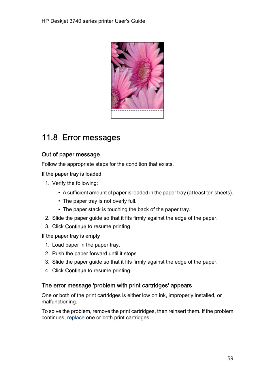 8 error messages, Out of paper message, If the paper tray is loaded | If the paper tray is empty, Error messages, If an out of paper message appears, see the | HP Deskjet 3745 Color Inkjet Printer User Manual | Page 59 / 75