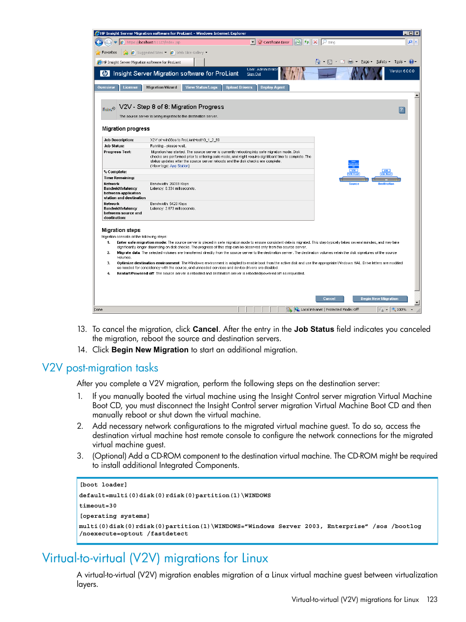 V2v post-migration tasks, Virtual-to-virtual (v2v) migrations for linux | HP Insight Control User Manual | Page 123 / 173