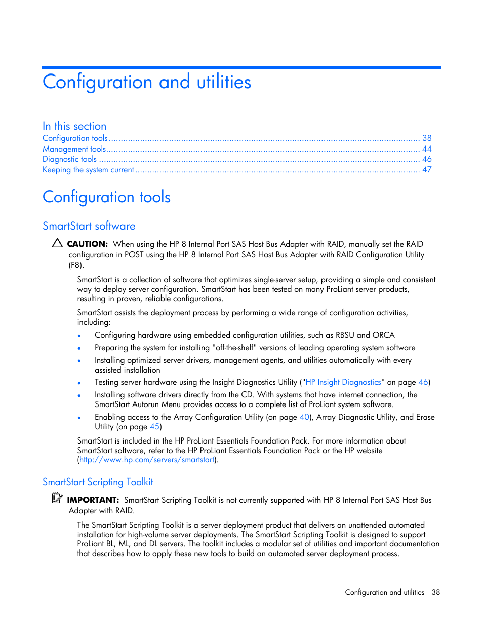 Configuration and utilities, Configuration tools, Smartstart software | Smartstart scripting toolkit | HP ProLiant ML310 G4 Server User Manual | Page 38 / 88