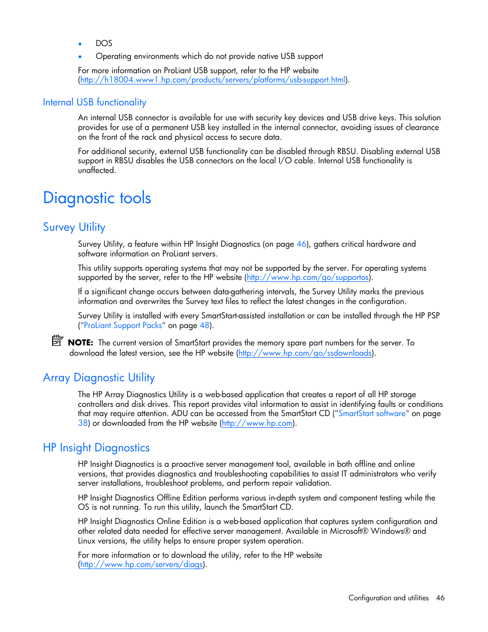 Internal usb functionality, Diagnostic tools, Survey utility | Array diagnostic utility, Hp insight diagnostics, Ent hardware status. in some situations, hp sim, Software tracks more sy, Attributes, S utility | HP ProLiant ML310 G4 Server User Manual | Page 46 / 88