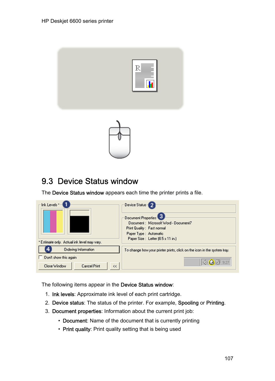 3 device status window, Device status box, Box displays useful information | HP Deskjet 6620 Color Inkjet Printer User Manual | Page 107 / 169