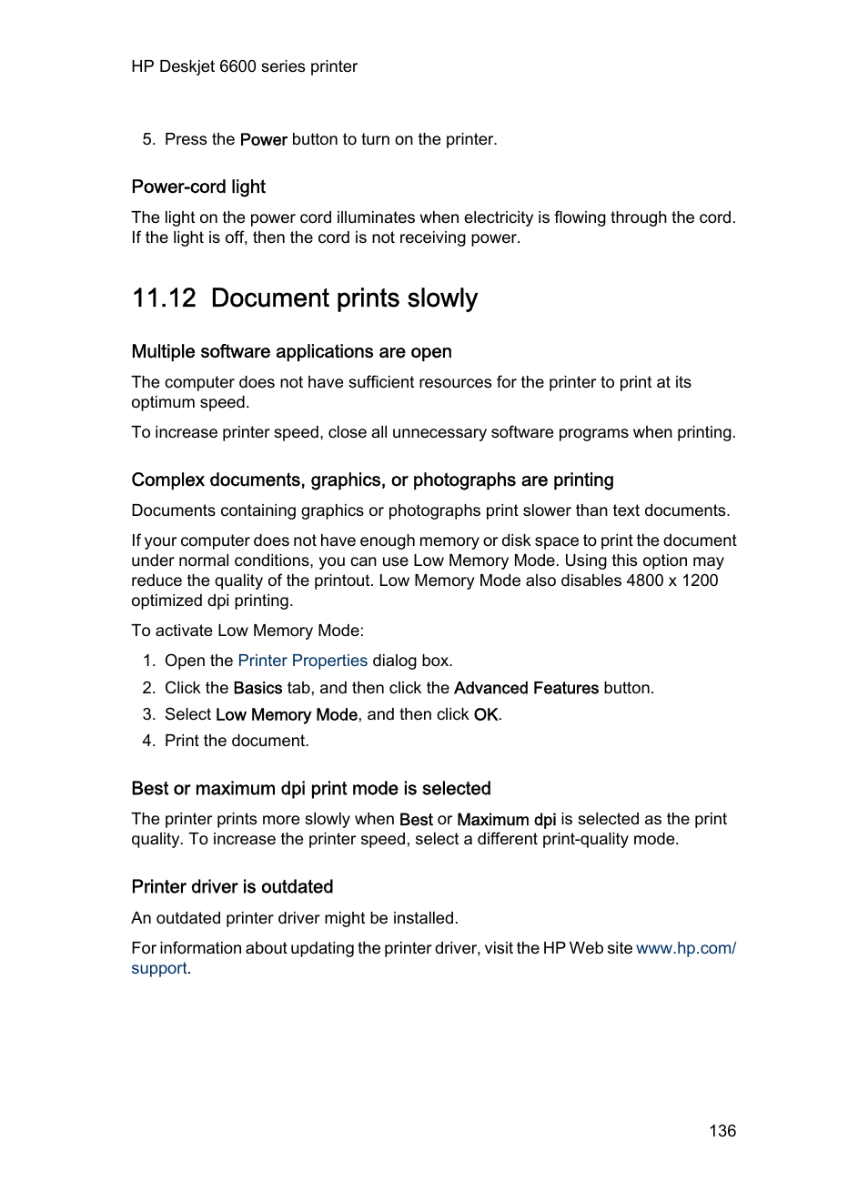Power-cord light, 12 document prints slowly, Multiple software applications are open | Best or maximum dpi print mode is selected, Printer driver is outdated, Document prints slowly | HP Deskjet 6620 Color Inkjet Printer User Manual | Page 136 / 169