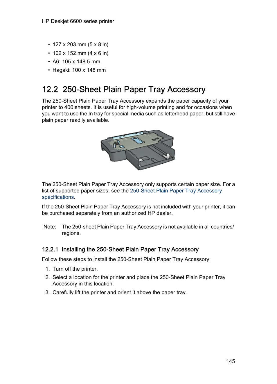 2 250-sheet plain paper tray accessory, Sheet plain paper tray accessory, And expand the printer's paper-handling | Sheet plain paper tray, Accessory, Optional), Or the, Installation steps, Sheet plain paper, Tray accessory | HP Deskjet 6620 Color Inkjet Printer User Manual | Page 145 / 169