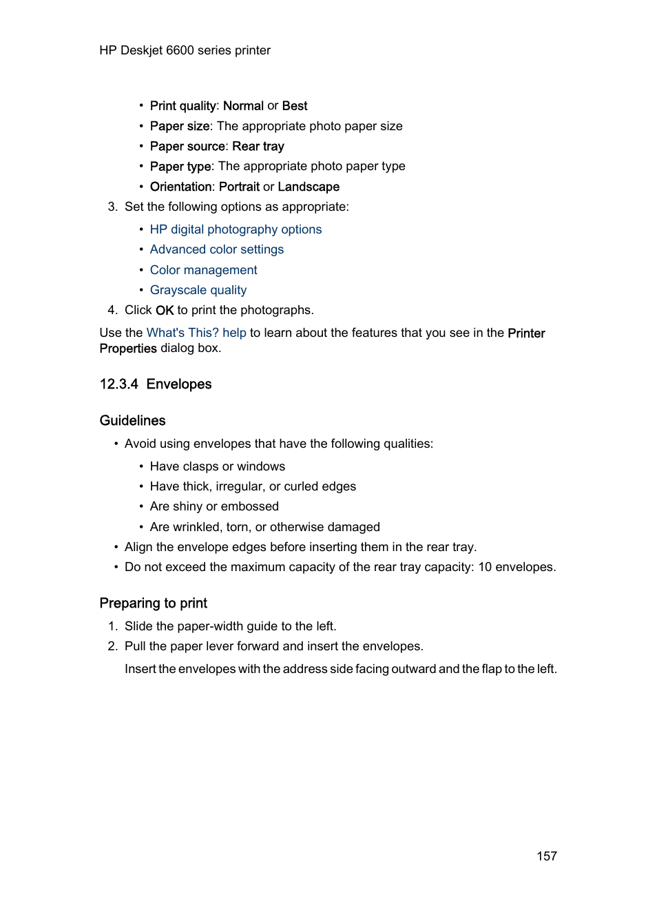 4 envelopes, Guidelines, Preparing to print | Envelopes | HP Deskjet 6620 Color Inkjet Printer User Manual | Page 157 / 169