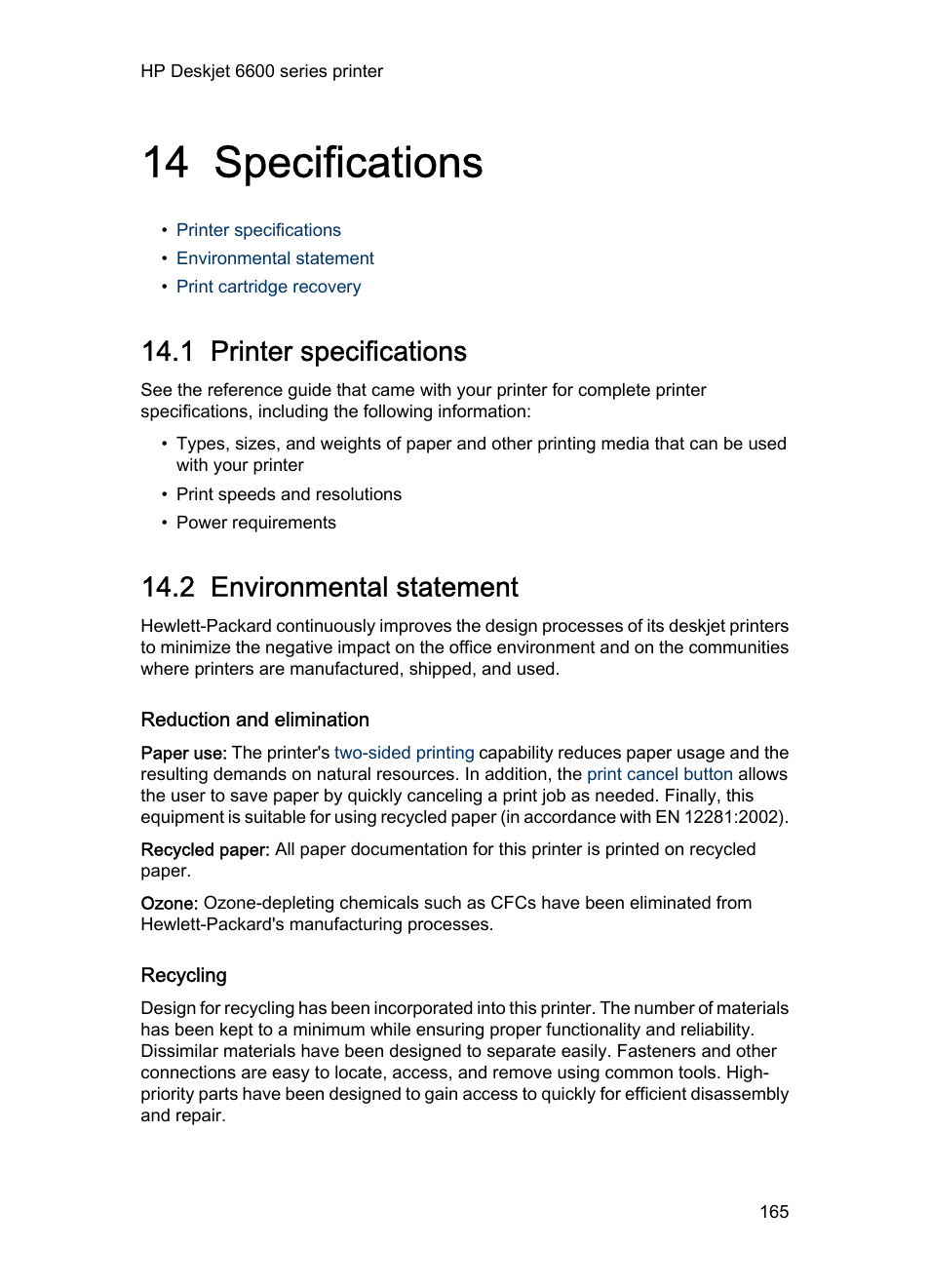14 specifications, 1 printer specifications, 2 environmental statement | Reduction and elimination, Recycling, Specifications | HP Deskjet 6620 Color Inkjet Printer User Manual | Page 165 / 169