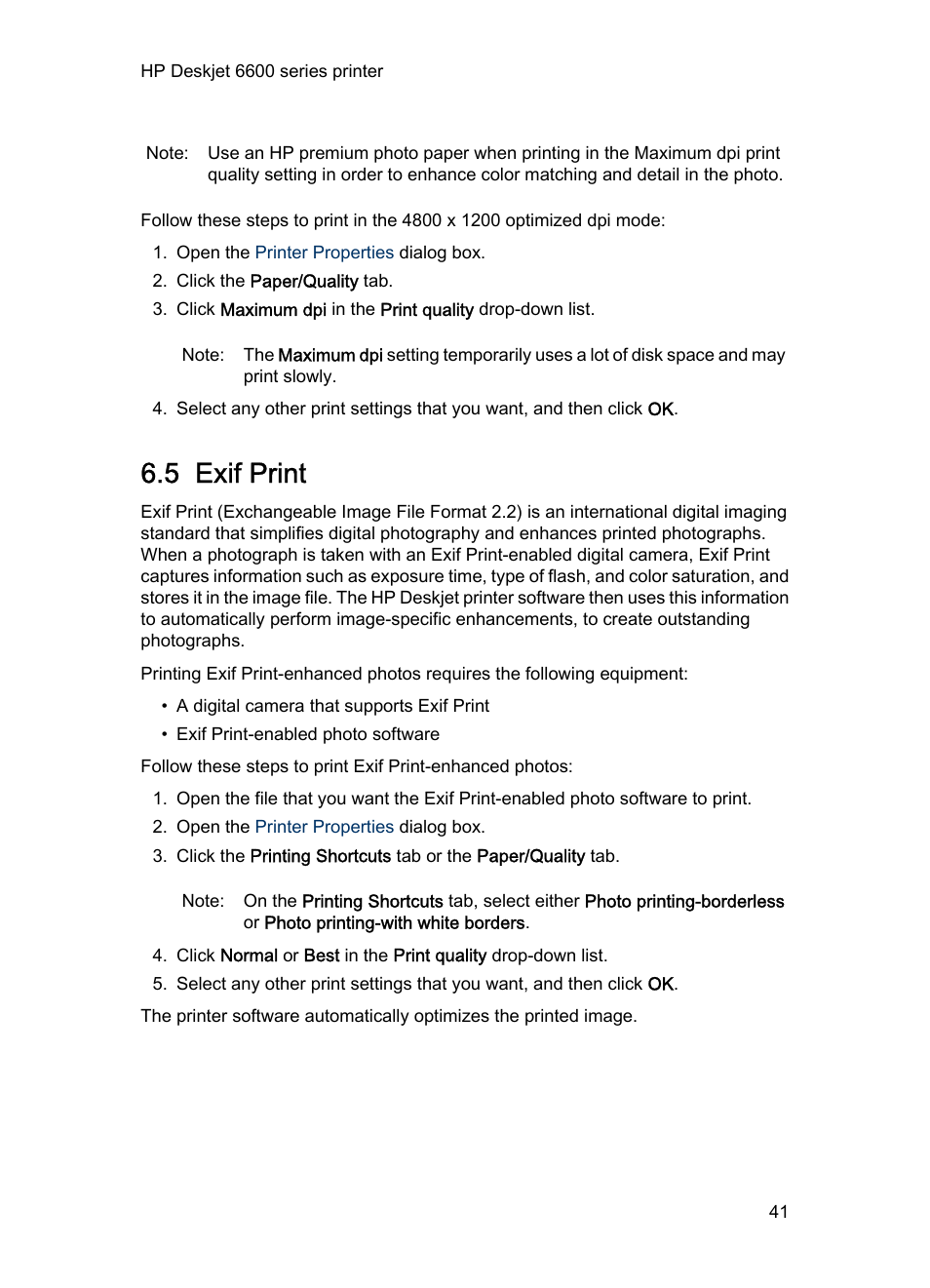 5 exif print, Print an, Exif-formatted | Photo if you have exif-enabled software | HP Deskjet 6620 Color Inkjet Printer User Manual | Page 41 / 169