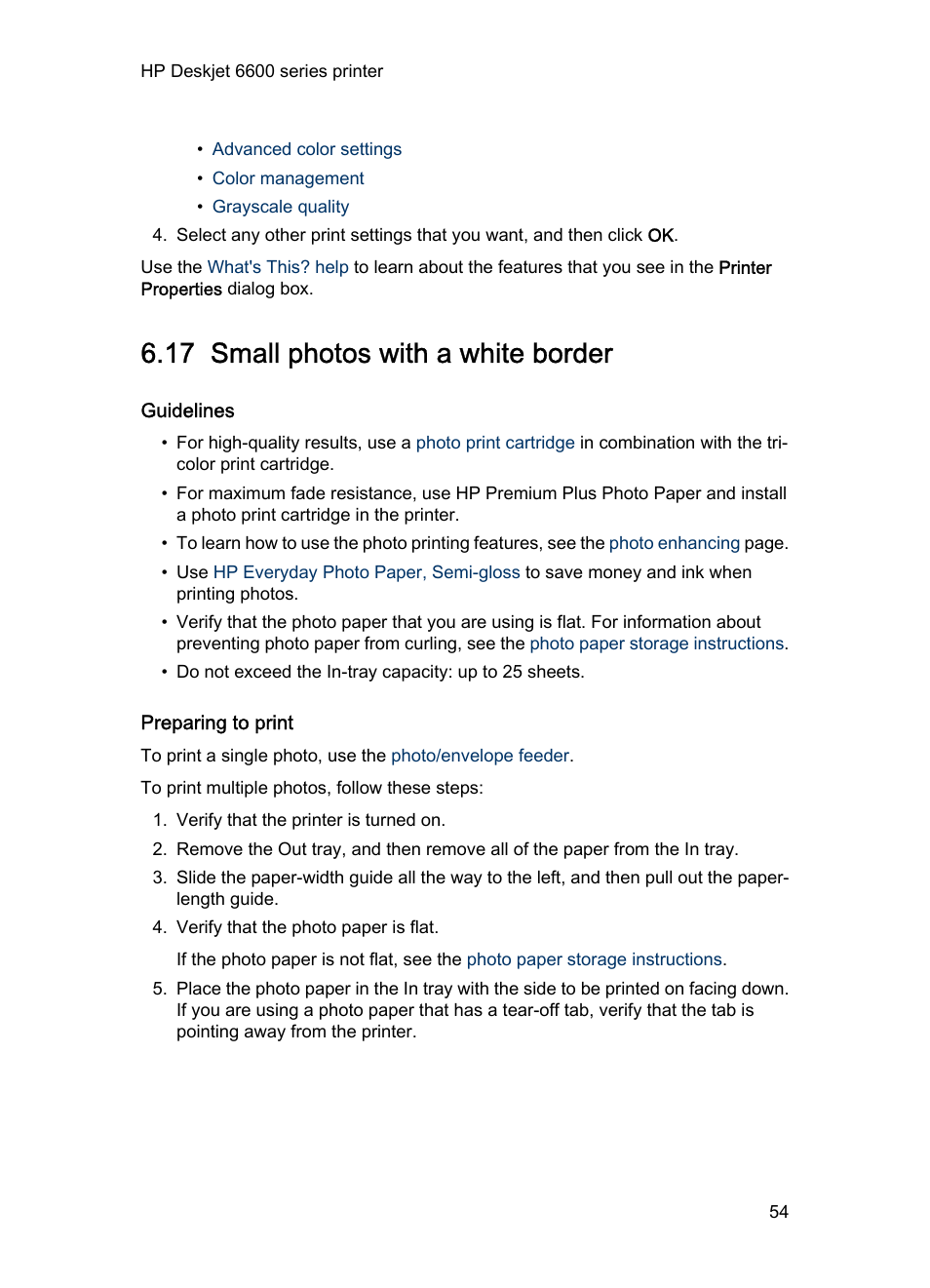 17 small photos with a white border, Guidelines, Preparing to print | Small photo, With a white border | HP Deskjet 6620 Color Inkjet Printer User Manual | Page 54 / 169
