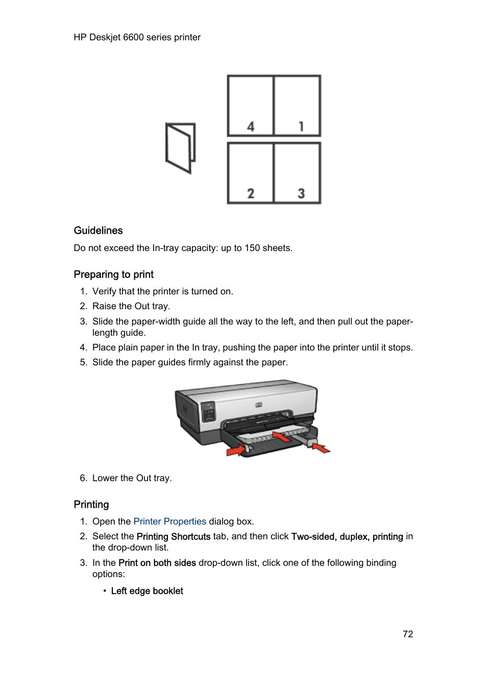 Guidelines, Preparing to print, Printing | HP Deskjet 6620 Color Inkjet Printer User Manual | Page 72 / 169