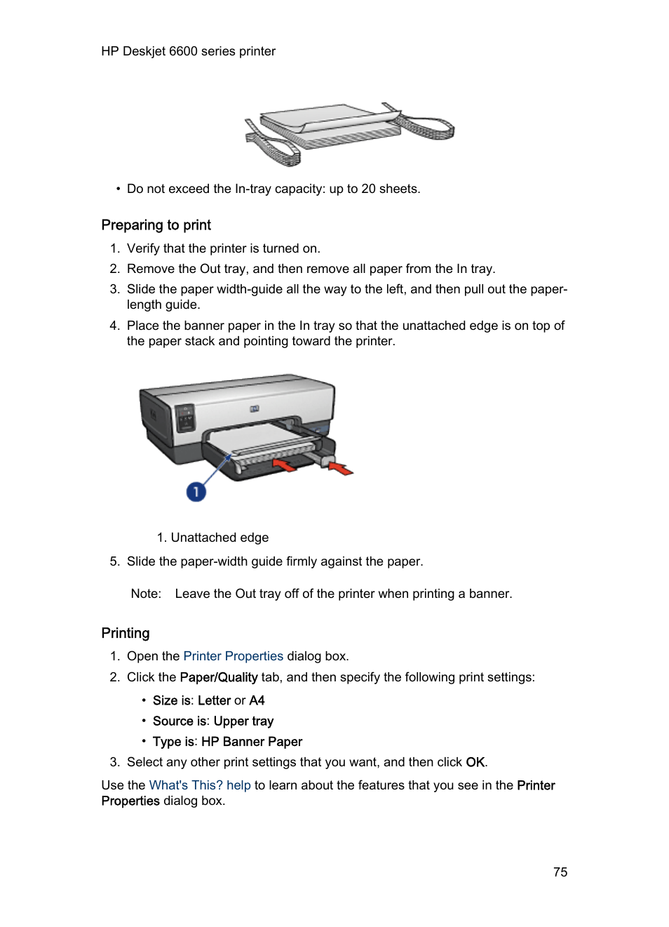 Preparing to print, Printing | HP Deskjet 6620 Color Inkjet Printer User Manual | Page 75 / 169