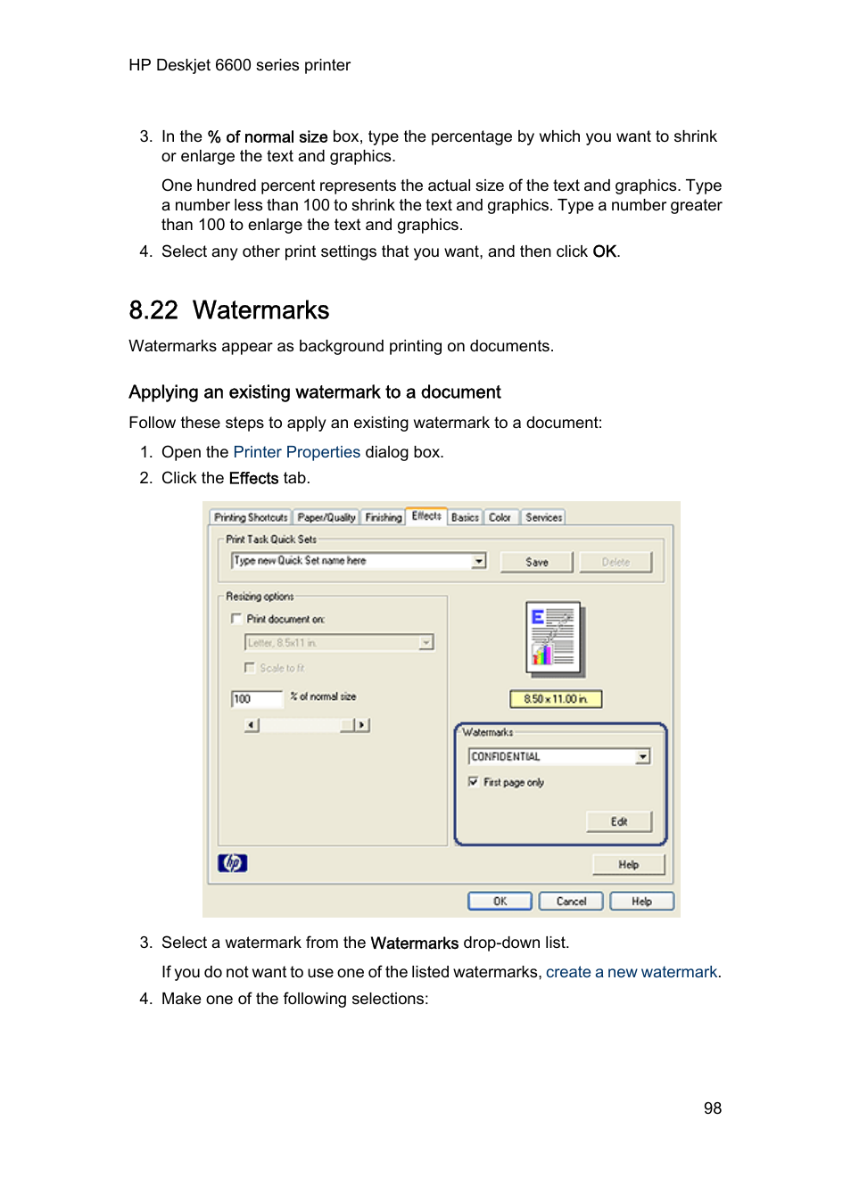 22 watermarks, Applying an existing watermark to a document, Learn how to add a | Watermark, To the letter, To your document, Add a | HP Deskjet 6620 Color Inkjet Printer User Manual | Page 98 / 169