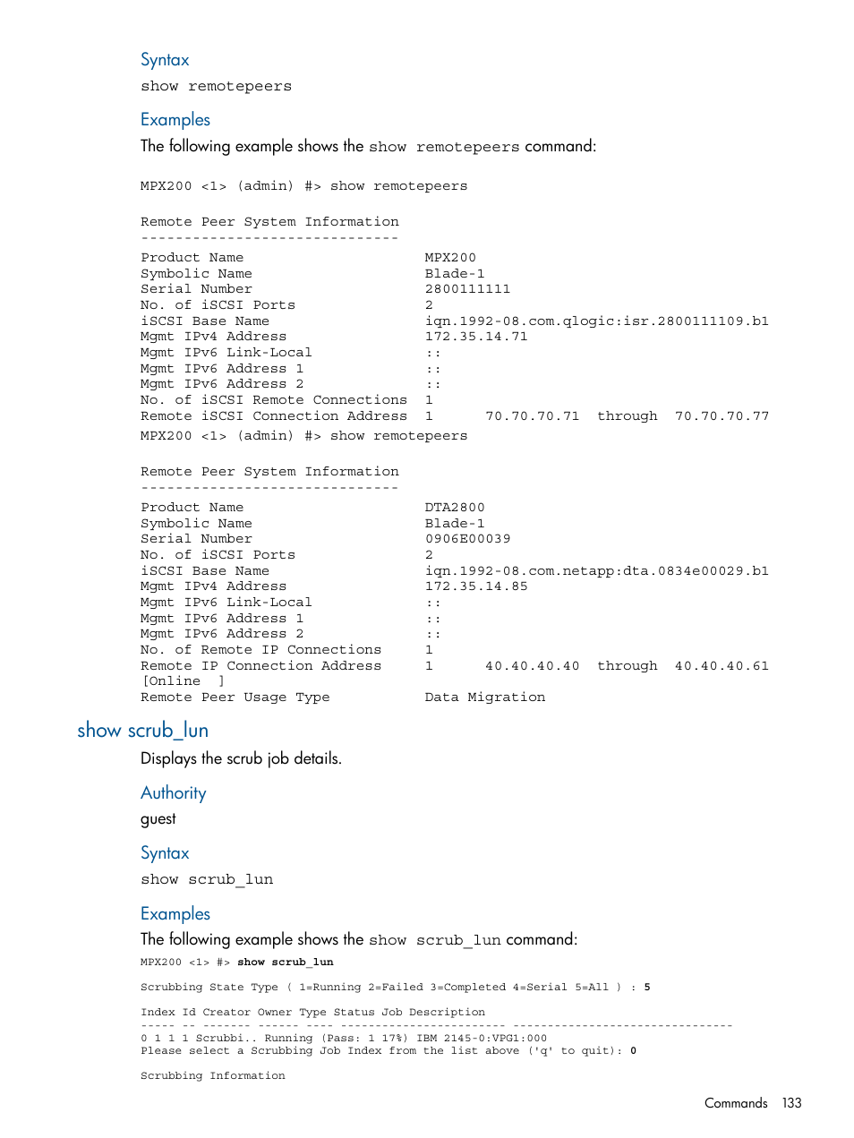Show scrub_lun | HP MPX200 Multifunction Router User Manual | Page 133 / 180