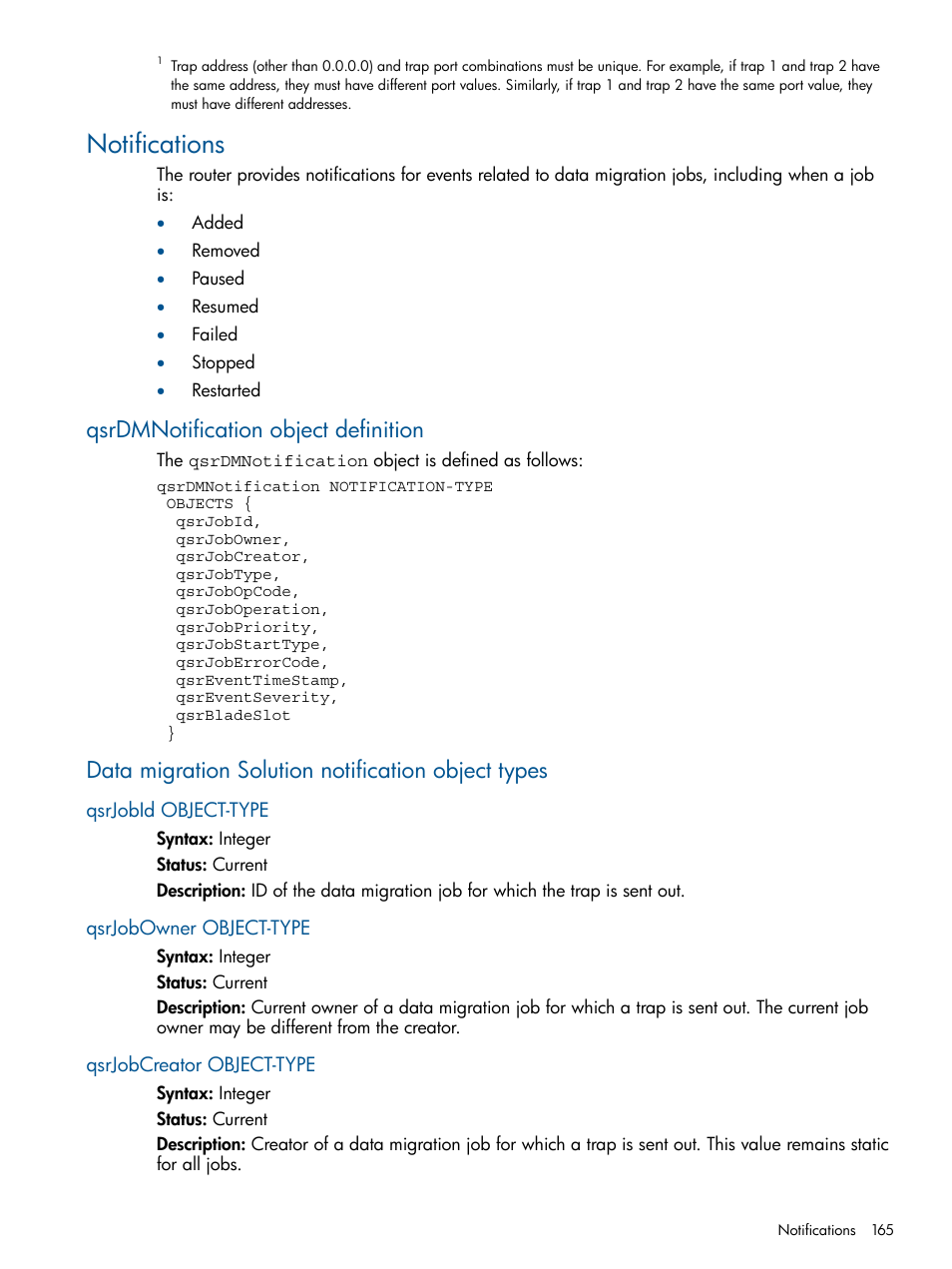 Notifications, Qsrdmnotification object definition, Data migration solution notification object types | Qsrjobid object-type, Qsrjobowner object-type, Qsrjobcreator object-type | HP MPX200 Multifunction Router User Manual | Page 165 / 180